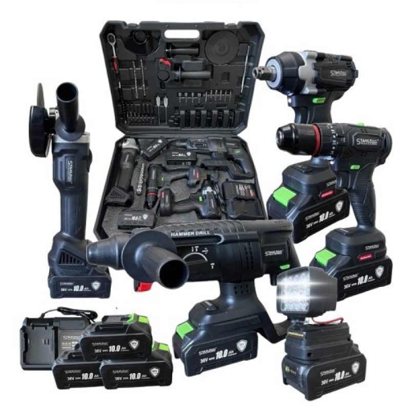 Комплект 5 в 1 от акумулаторен перфоратор, винтоверт, гайковерт, ъглошлайф и LED лампа 36V 10Ah - с 3 батерии и части в куфар StahlMayer Black XR - цена