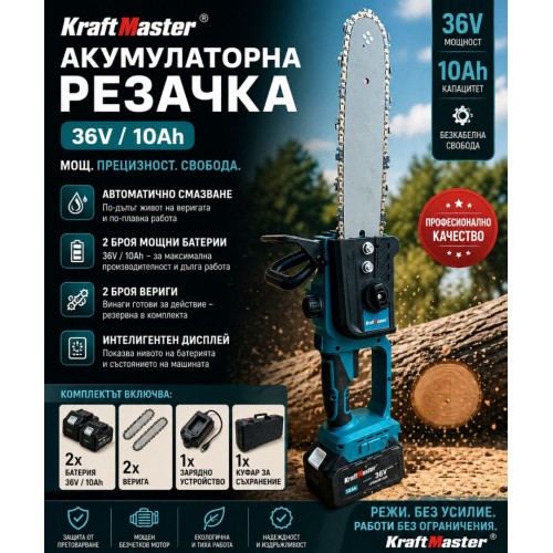 Акумулаторна резачка 36V 10Ah с автоматично смазване и дисплей KraftMaster